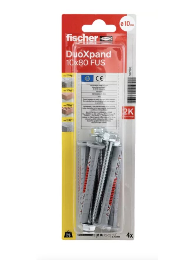 Fischer DuoXpand kaištis su varžtu 10x80 FUS, 4 vnt. Fischer DuoXpand kaištis su varžtu 10x80 FUS, 4 vnt.