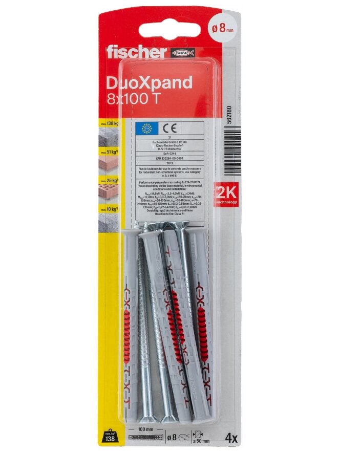 Fischer DuoXpand kaištis su varžtu 8x100 T, 4 vnt. Fischer DuoXpand kaištis su varžtu 8x100 T, 4 vnt.