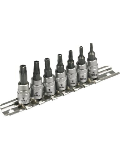 Galvučių ir antgalių rinkinys 7 vnt. 1/4" TORX temperproof, Cr-V Topex | TT10, TT15, TT20, TT25, TT27, TT30, TT40