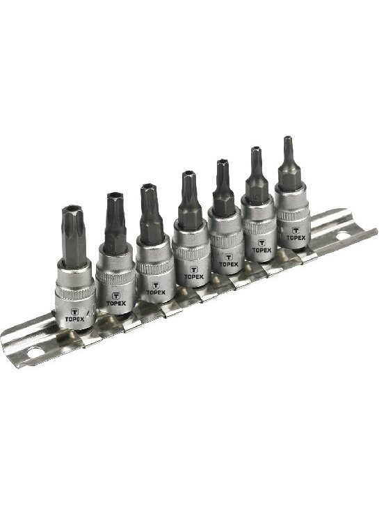 Galvučių ir antgalių rinkinys 7 vnt. 1/4" TORX temperproof, Cr-V Topex | TT10, TT15, TT20, TT25, TT27, TT30, TT40