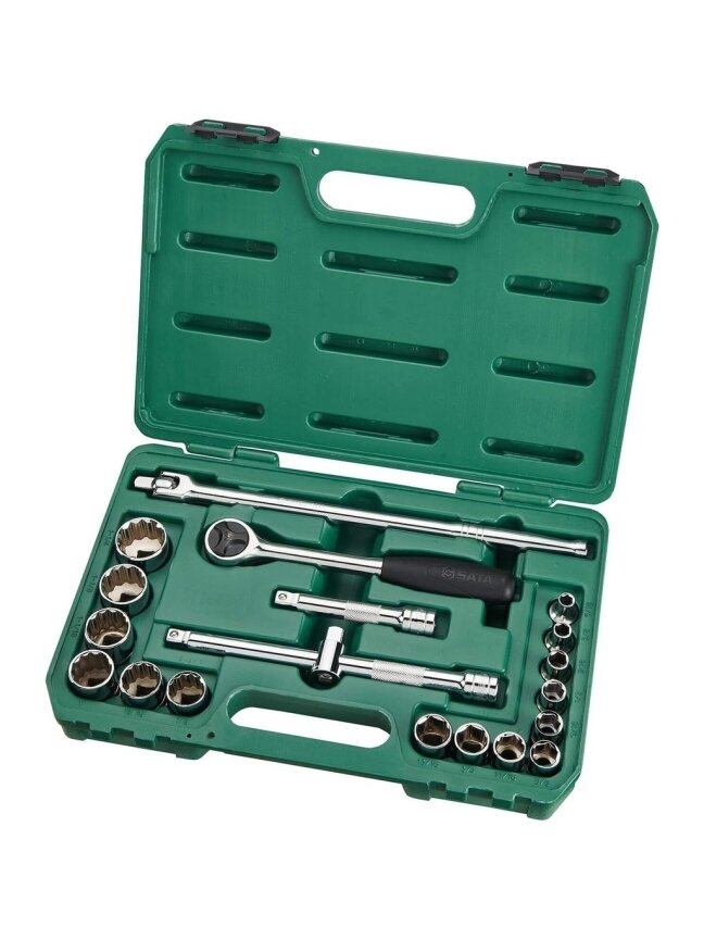 ⬡ Galvučių rinkinys 1/2" 20 vnt. 6-briaunis+12-briaunis (5/16"-1-1/4") (S.A.E.) (ST09087SJ, SATA) ⬡ Galvučių rinkinys 1/2" 20 vnt. 6-briaunis+12-briaunis (5/16"-1-1/4") (S.A.E.) (ST09087SJ, SATA)