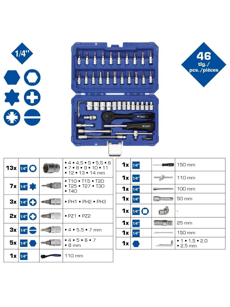 Galvučių komplektas 1/4", 46 vnt., Brilliant Tools 2