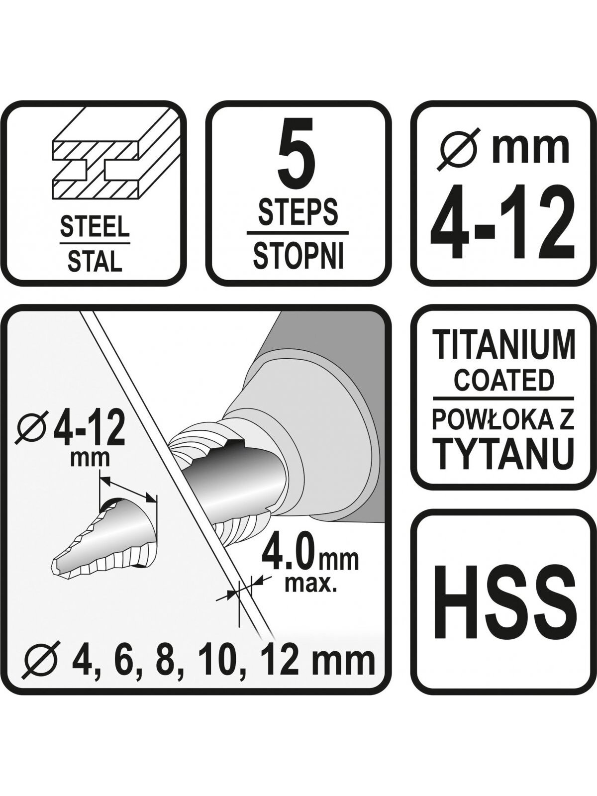 Grąžtas metalui pakopinis HSS 4-12mm Sthor | 4; 6; 8; 10; 12mm 3 Grąžtas metalui pakopinis HSS 4-12mm Sthor | 4; 6; 8; 10; 12mm 3