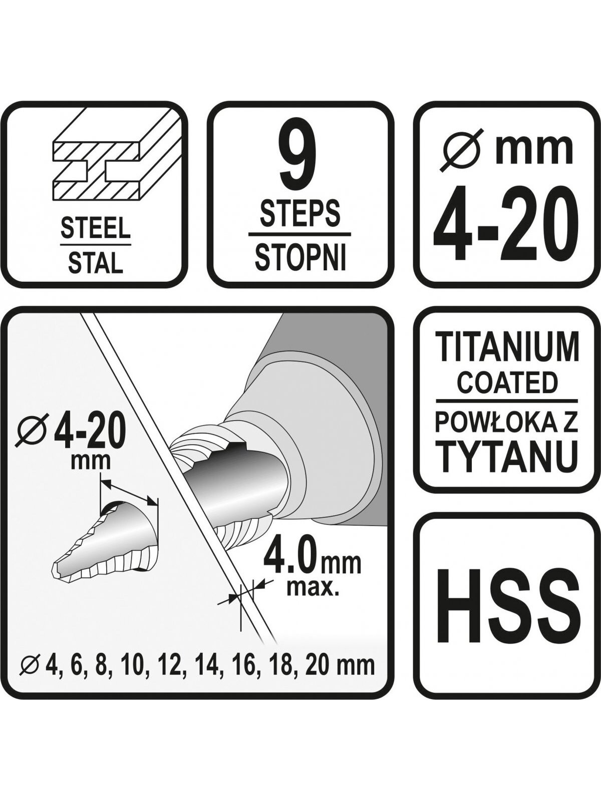Grąžtas metalui pakopinis HSS 4-20mm Sthor | 4; 6; 8; 10; 12; 14; 16; 18; 20mm 3 Grąžtas metalui pakopinis HSS 4-20mm Sthor | 4; 6; 8; 10; 12; 14; 16; 18; 20mm 3