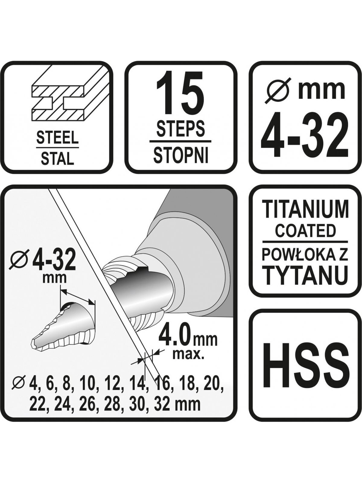 Grąžtas metalui pakopinis HSS 4-32mm Sthor | 4; 6; 8; 10; 12; 14; 16; 18; 20; 22; 24; 26; 28; 30; 32mm 6 Grąžtas metalui pakopinis HSS 4-32mm Sthor | 4; 6; 8; 10; 12; 14; 16; 18; 20; 22; 24; 26; 28; 30; 32mm 6