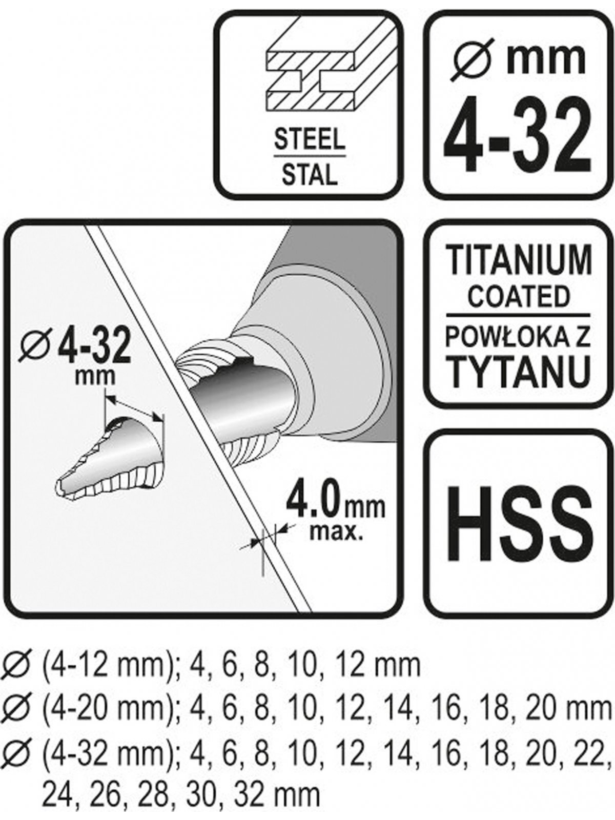 Grąžtų metalui pakopinių HSS rinkinys, 3vnt Sthor | 4-32mm 6