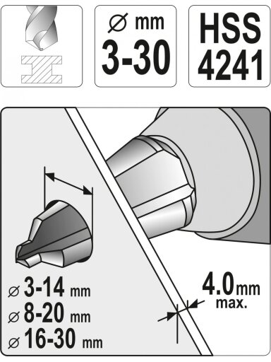 Grąžtų konusinių rinkinys, 3vnt HSS Yato | d-3-30mm, 3vnt
