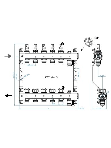 Grindinio šildymo kolekt. su debit., pav.vožtuvais, nuor. ir dren. vent. KAN-therm InoxFlow UFST-2; žiedų sk. 2; ilgis 1