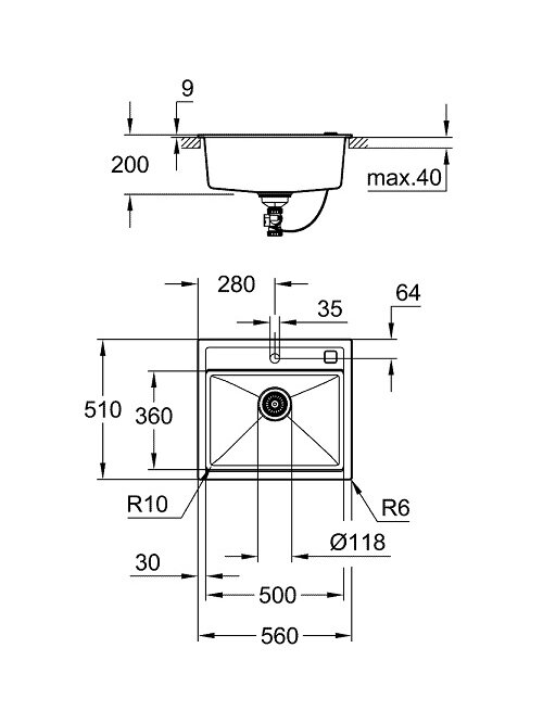 Grohe akmens masės plautuvė K700, 560x510 mm, granito juoda spalva Grohe akmens masės plautuvė K700, 560x510 mm, granito juoda spalva