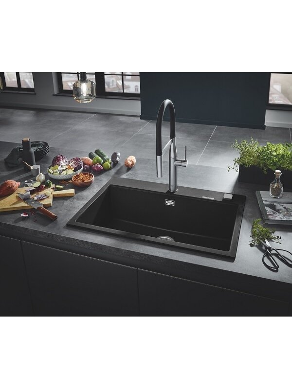 Grohe akmens masės plautuvė K700, 560x510 mm, granito juoda spalva 1 Grohe akmens masės plautuvė K700, 560x510 mm, granito juoda spalva 1