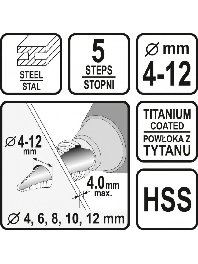 Grąžtas metalui pakopinis HSS 4-12mm Sthor | 4; 6; 8; 10; 12mm 3