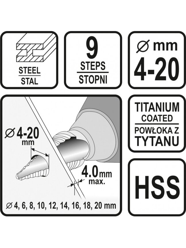 Grąžtas metalui pakopinis HSS 4-20mm Sthor | 4; 6; 8; 10; 12; 14; 16; 18; 20mm 6 Grąžtas metalui pakopinis HSS 4-20mm Sthor | 4; 6; 8; 10; 12; 14; 16; 18; 20mm 6