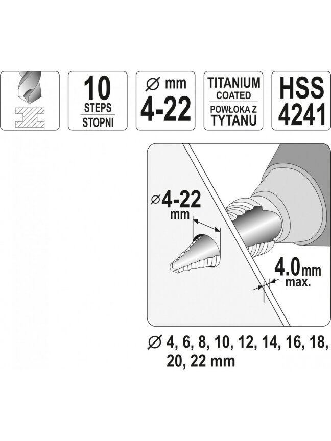 Grąžtas metalui pakopinis HSS 4-22mm Yato | 4; 6; 8; 10; 12; 14; 16; 18; 20; 22mm 3 Grąžtas metalui pakopinis HSS 4-22mm Yato | 4; 6; 8; 10; 12; 14; 16; 18; 20; 22mm 3
