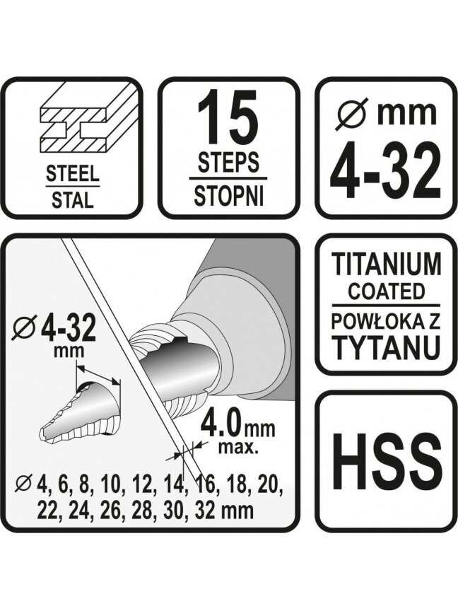 Grąžtas metalui pakopinis HSS 4-32mm Sthor | 4; 6; 8; 10; 12; 14; 16; 18; 20; 22; 24; 26; 28; 30; 32mm 3 Grąžtas metalui pakopinis HSS 4-32mm Sthor | 4; 6; 8; 10; 12; 14; 16; 18; 20; 22; 24; 26; 28; 30; 32mm 3