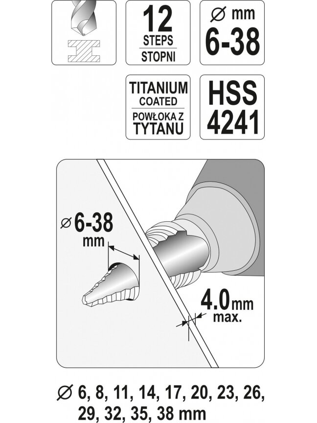 Grąžtas metalui pakopinis HSS 6-38mm Yato | 8; 11; 14; 17; 20; 23; 26; 29; 32; 35; 38mm 3