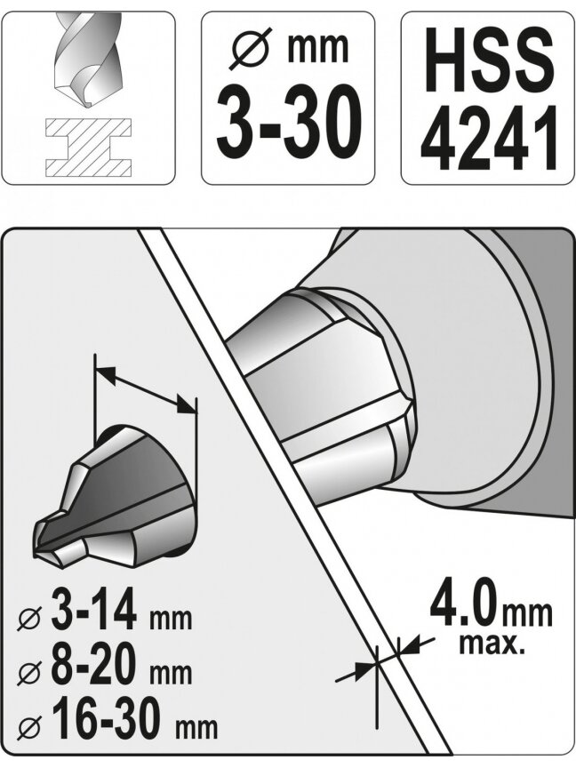 Grąžtų konusinių rinkinys, 3vnt HSS Yato | d-3-30mm, 3vnt 1 Grąžtų konusinių rinkinys, 3vnt HSS Yato | d-3-30mm, 3vnt 1