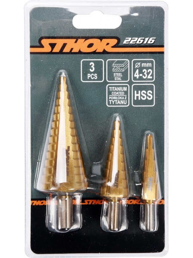Grąžtų metalui pakopinių HSS rinkinys, 3vnt Sthor | 4-32mm 2 Grąžtų metalui pakopinių HSS rinkinys, 3vnt Sthor | 4-32mm 2