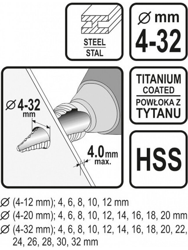 Grąžtų metalui pakopinių HSS rinkinys, 3vnt Sthor | 4-32mm 3 Grąžtų metalui pakopinių HSS rinkinys, 3vnt Sthor | 4-32mm 3