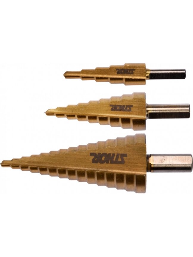 Grąžtų metalui pakopinių HSS rinkinys, 3vnt Sthor | 4-32mm 4 Grąžtų metalui pakopinių HSS rinkinys, 3vnt Sthor | 4-32mm 4