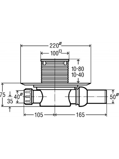 Horizontalus trapas, "sausas" DN50, su nerūdijančio plieno grotelėmis 100 x 100, (0,4 l/s)