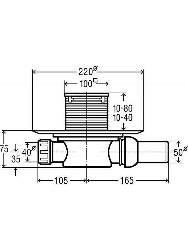 Horizontalus trapas, "sausas" DN50, su nerūdijančio plieno grotelėmis 100 x 100, (0,4 l/s) 1 Horizontalus trapas, "sausas" DN50, su nerūdijančio plieno grotelėmis 100 x 100, (0,4 l/s) 1