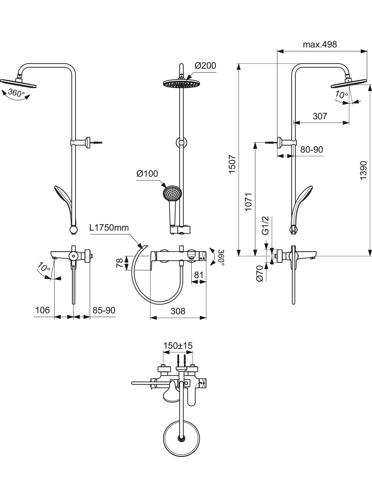 Ideal Standard Cerafine O vonios ir dušo sistema su apvalia Ø200 mm dušo galva, rankinis dušas 100 mm, juoda matinė 4 Ideal Standard Cerafine O vonios ir dušo sistema su apvalia Ø200 mm dušo galva, rankinis dušas 100 mm, juoda matinė 4