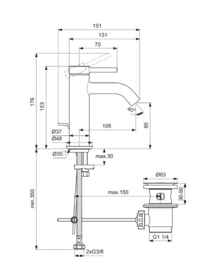 Ideal Standard CERALINE Nuovo H85 maišytuvas praustuvui su metaliniu dugno vožtuvu, 3,8 l/min, matinė juoda