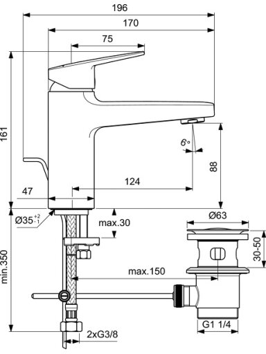Ideal Standard Ceraplan H90 paaukštintas praustuvo maišytuvas su metaliniu dugno vožtuvu, chromas