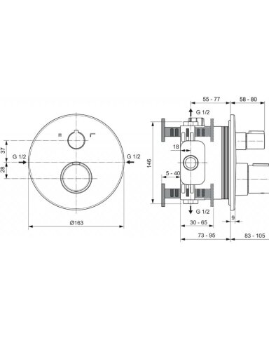 Ideal Standard Ceratherm 100 potinkinė termostatinė sistema: apvali 260 mm dviejų srovių lietaus galva, rankinis dušas 1
