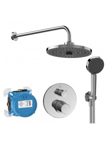Ideal Standard Ceratherm 100 potinkinė termostatinė sistema: apvali 260 mm dviejų srovių lietaus galva, rankinis dušas 1