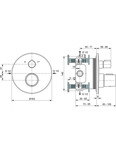 Ideal Standard Ceratherm T100 potinkinis termostatinis maišytuvas dušui ir voniai, išorinė dalis, chromas