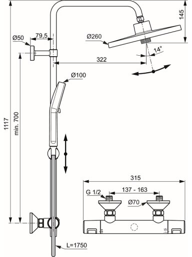 Ideal Standard Ceratherm T25+ dušo sistema su termostatiniu maišytuvu, dušo galva Ø260 mm, rankinis dušas Ø100 mm, chrom