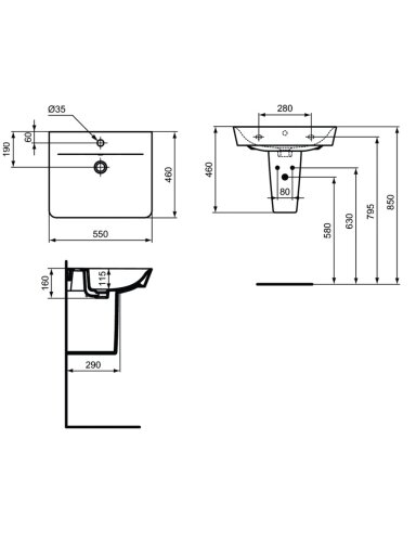 Ideal Standard praustuvas Connect air Cube, tvirtinamas prie sienos, 55 x 46 x 16 cm, baltas