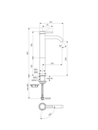 Ideal Standard CERALINE Nuovo H240 maišytuvas praustuvui su dugno vožtuvu, BlueStart, 3,8 l/min, chromas 1