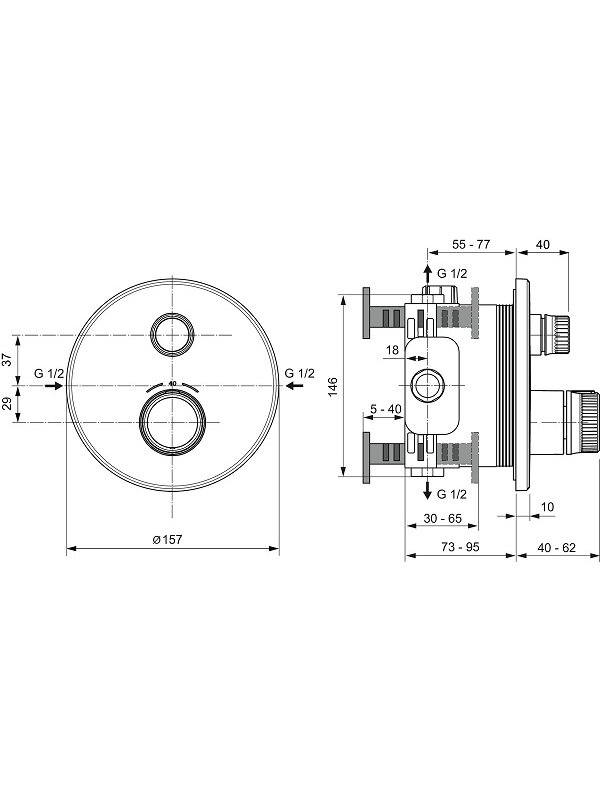 Ideal Standard Ceratherm Navigo potinkinė termostatinė sistema: apvali 300 mm metalinė galva, rankinis dušas, 1/2 alkūnė 2 Ideal Standard Ceratherm Navigo potinkinė termostatinė sistema: apvali 300 mm metalinė galva, rankinis dušas, 1/2 alkūnė 2