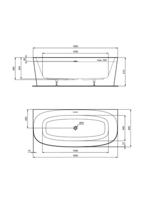 Ideal Standard Dea Duo prie sienos statina akrilinė vonia 180x80 cm  su Click-Clack nuotekų vožtuvu, vidus ir išorė mati 1