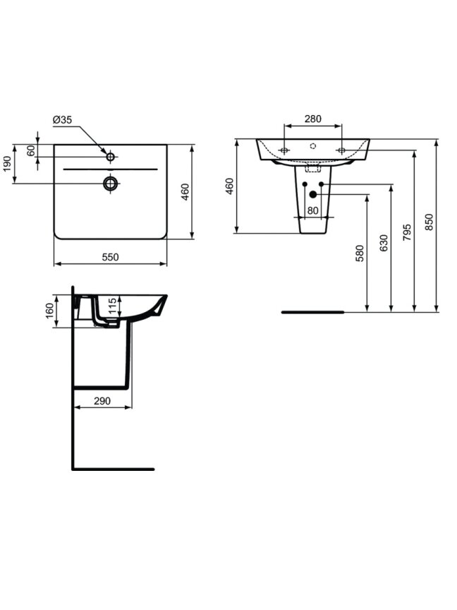 Ideal Standard praustuvas Connect air Cube, tvirtinamas prie sienos, 55 x 46 x 16 cm, baltas 1