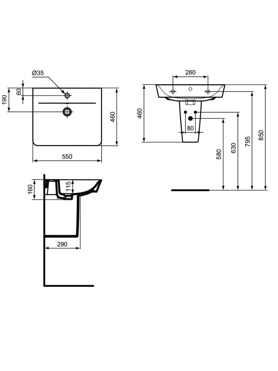 Ideal Standard praustuvas Connect air Cube, tvirtinamas prie sienos, 55 x 46 x 16 cm, baltas 1