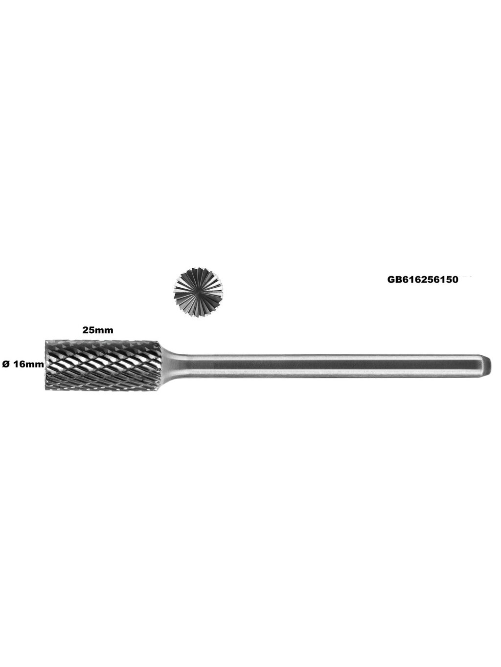 ⬡ Ilga kietmetalio freza B formos cilindras (ZYAS) su galiniu pjūviu Ø16 mm (GB616256150) ⬡ Ilga kietmetalio freza B formos cilindras (ZYAS) su galiniu pjūviu Ø16 mm (GB616256150)