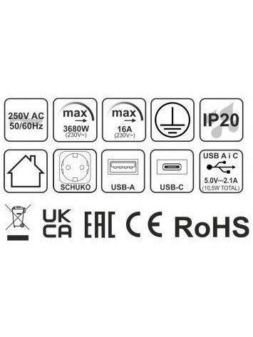 Įmontuojamas ilgintuvas Design Light, 2 vietos, USB A+C, 3 m 2 Įmontuojamas ilgintuvas Design Light, 2 vietos, USB A+C, 3 m 2