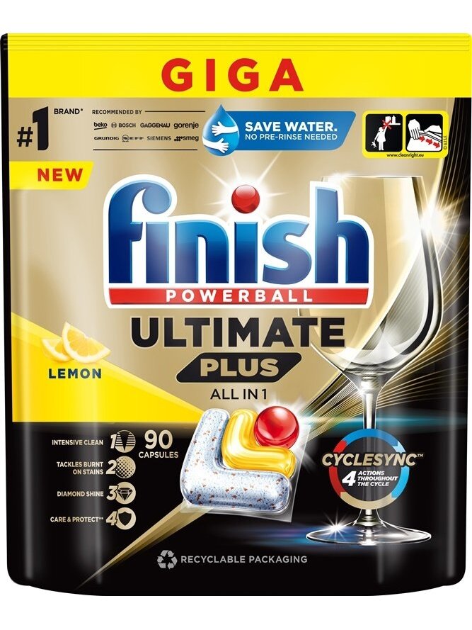 Indaplovių kapsulės Finish ultimat plus lemon, 90 vnt. Indaplovių kapsulės Finish ultimat plus lemon, 90 vnt.