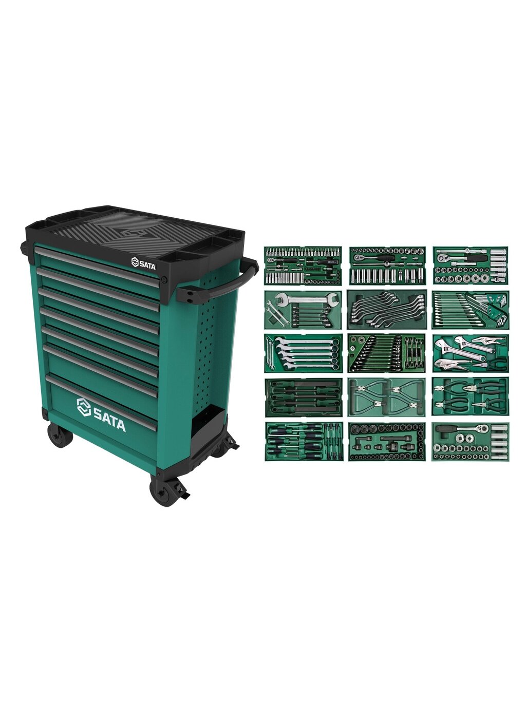 ⬡ Įrankių spintelė su ratukais PRO su įrankių dėklais, 300 vnt. (ST09928G, SATA) ⬡ Įrankių spintelė su ratukais PRO su įrankių dėklais, 300 vnt. (ST09928G, SATA)