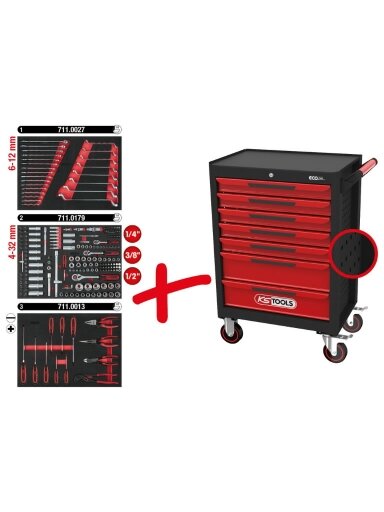 Įrankių vežimėlis ECOline, 7 stalčiai +215 vnt įrankių, KS Tools
