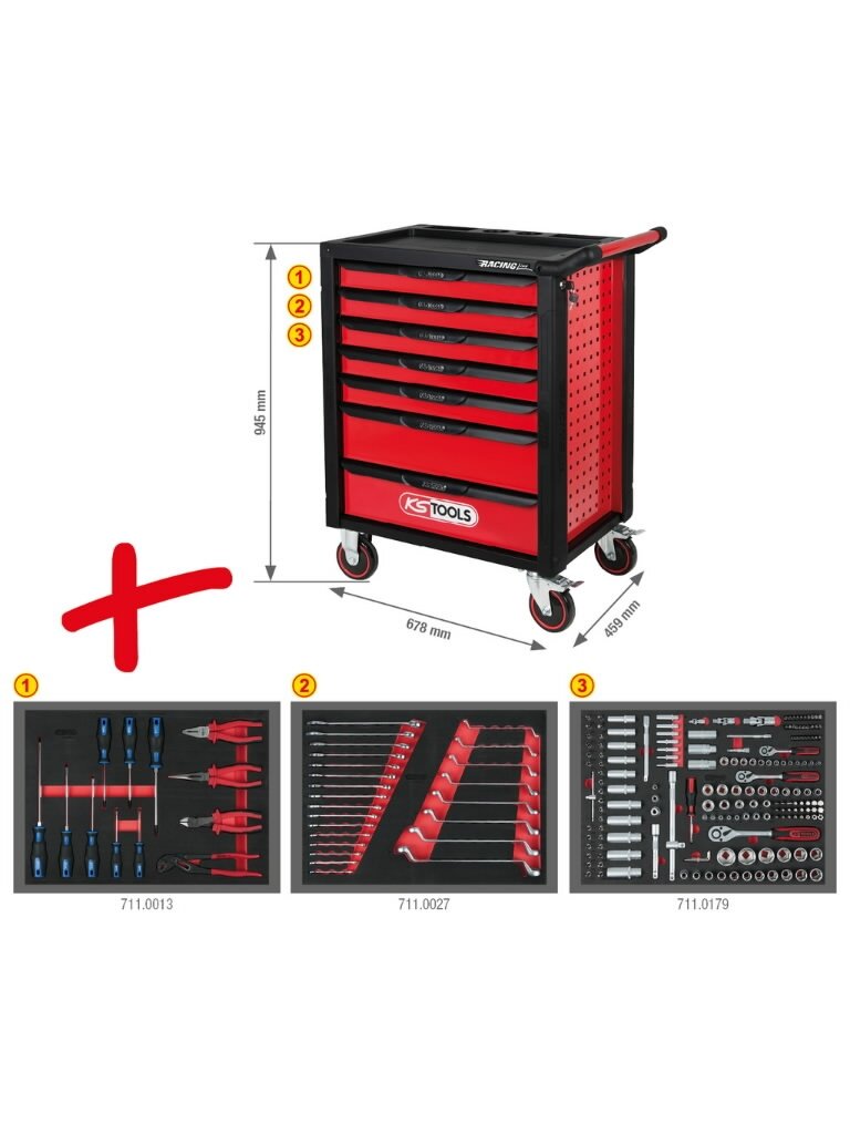 Įrankių vežimėlis RACINGline, 7 stalčiai +215vnt įrankių, KS Tools 2