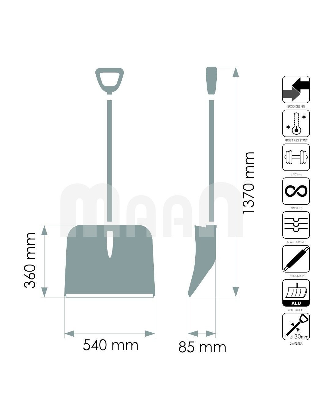 Kastuvas sniegui D2 plastikinis su aliuminiu kotu 540mm Maan | (540x360x1370mm) 4