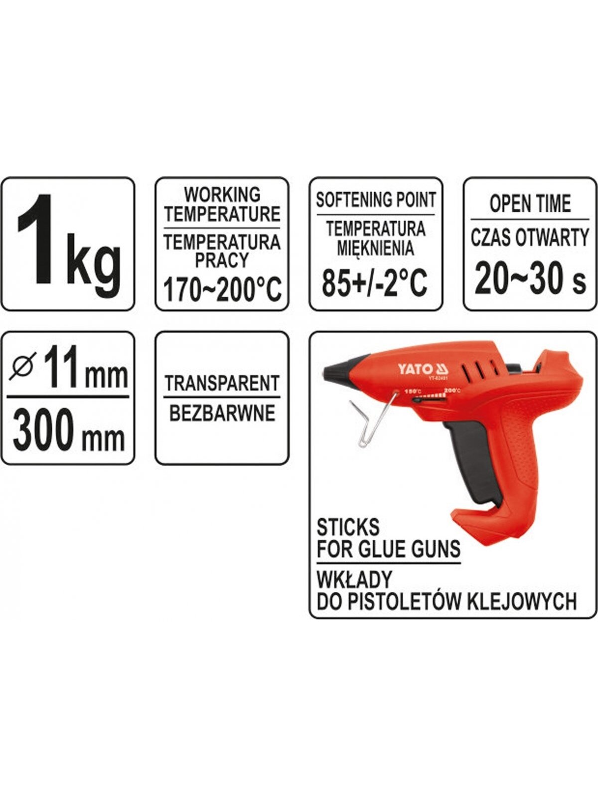 Karštų klijų lazdelės 11x300mm bespalvės 1 kg Yato 2