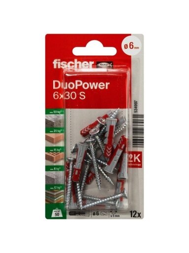 Kaištis Fischer DuoPower, 30 mm x 6 mm, 12 vnt.