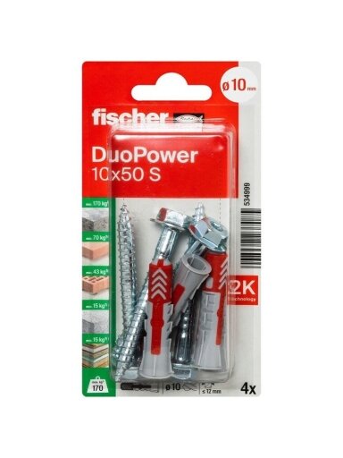 Kaištis Fischer DuoPower, varžtiniai, 10 mm x 50 mm, 4 vnt.