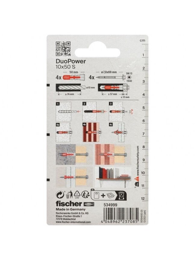 Kaištis Fischer DuoPower, varžtiniai, 10 mm x 50 mm, 4 vnt. 2 Kaištis Fischer DuoPower, varžtiniai, 10 mm x 50 mm, 4 vnt. 2