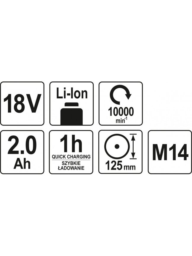 Kampinis šlifuoklis akumuliatorinis, 18V 2Ah Li-ion, d-125mm Yato | M14, 10000 aps/min 3 Kampinis šlifuoklis akumuliatorinis, 18V 2Ah Li-ion, d-125mm Yato | M14, 10000 aps/min 3